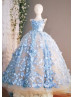 Beaded Blue Floral Pearl Flower Girl Dress